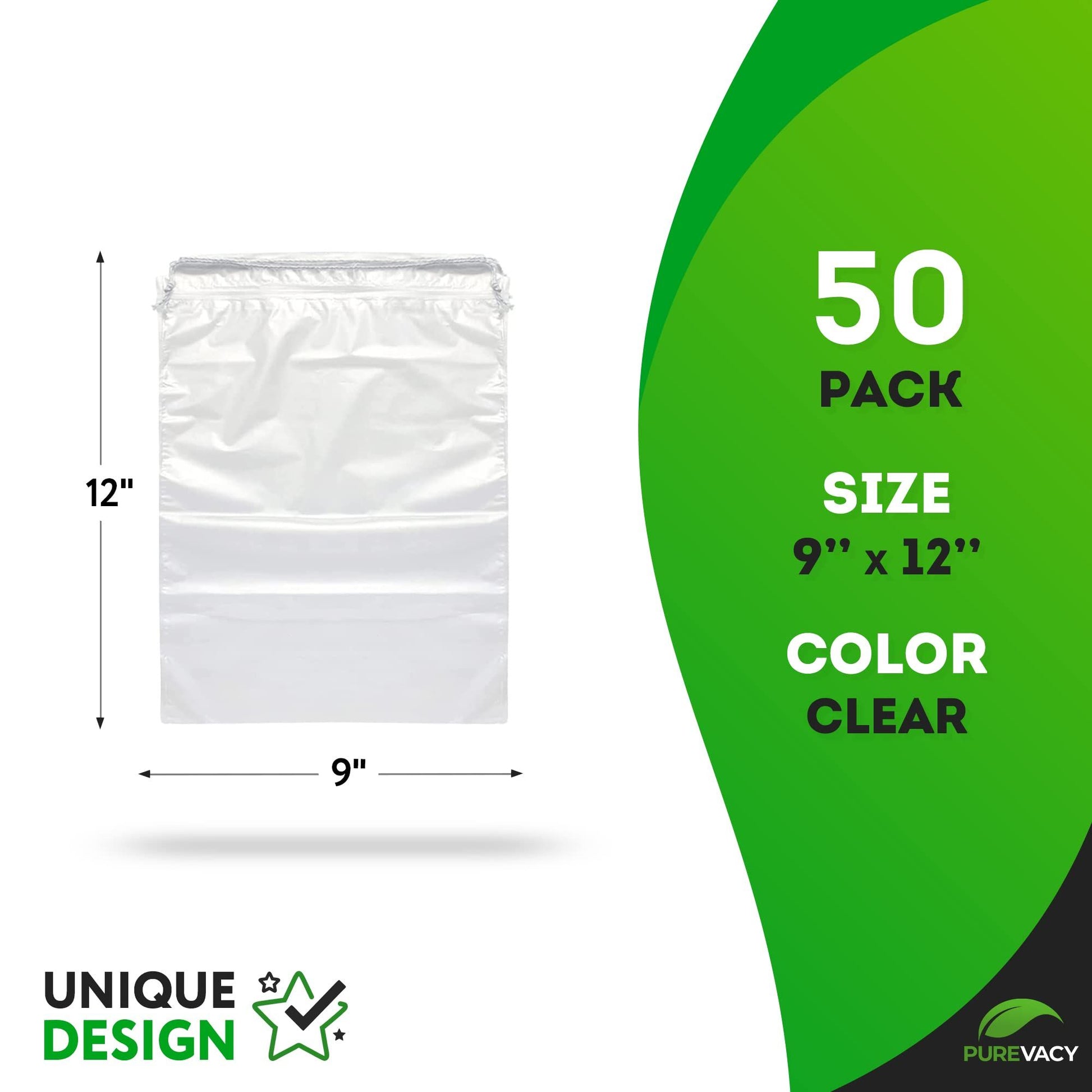 Clear Drawstring Bag, 9 x 12 Inches. 50 Pack Clear Plastic Drawstring Bags. 2 Mil Double Drawstring Clear Bags. Waterproof Bags for Goodies, Travel Essentials, Shoe Organizer Bags