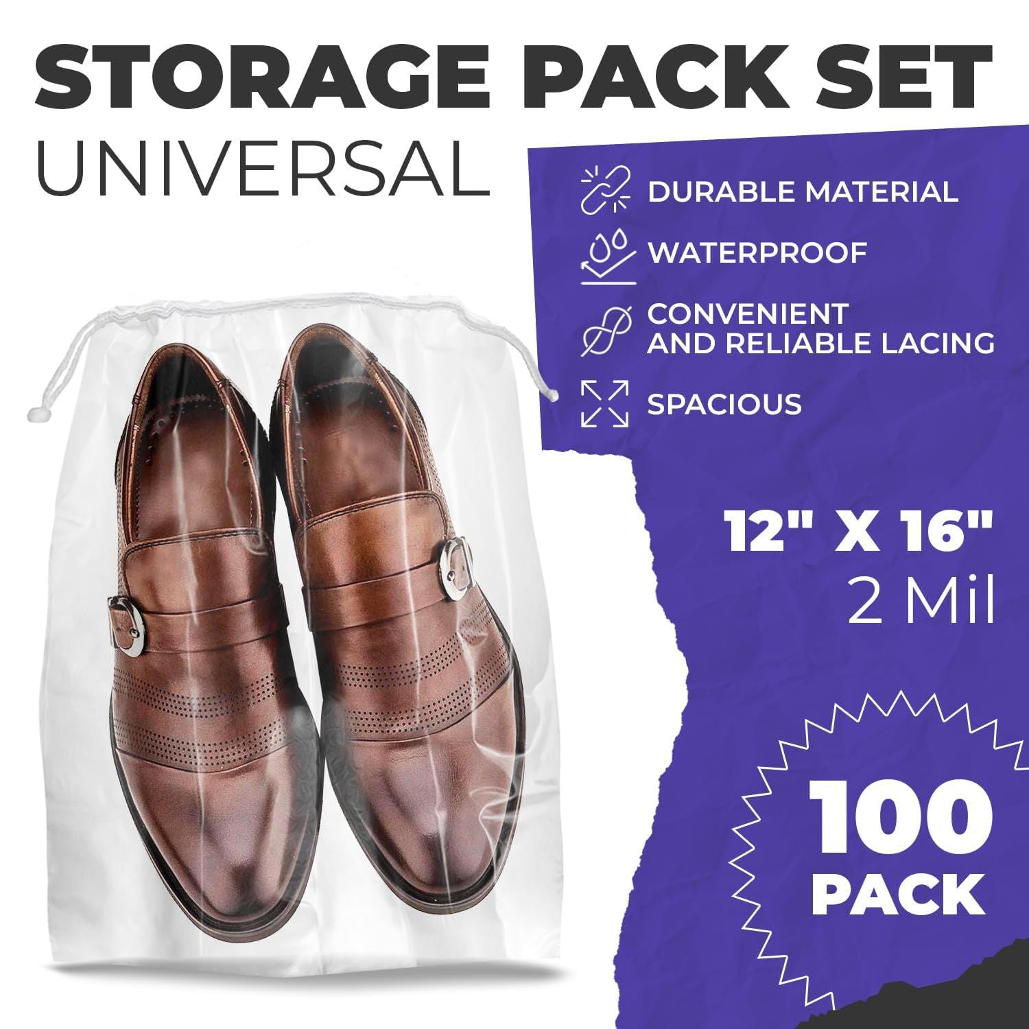 Clear Drawstring Travel Bags for Shoes, 12 x 16 Inches. Pack of 100 Waterproof Dust Bags for Shoes with Double Cotton Drawstrings. 2 mil PE Plastic Drawstring Bags for Packing, Storage
