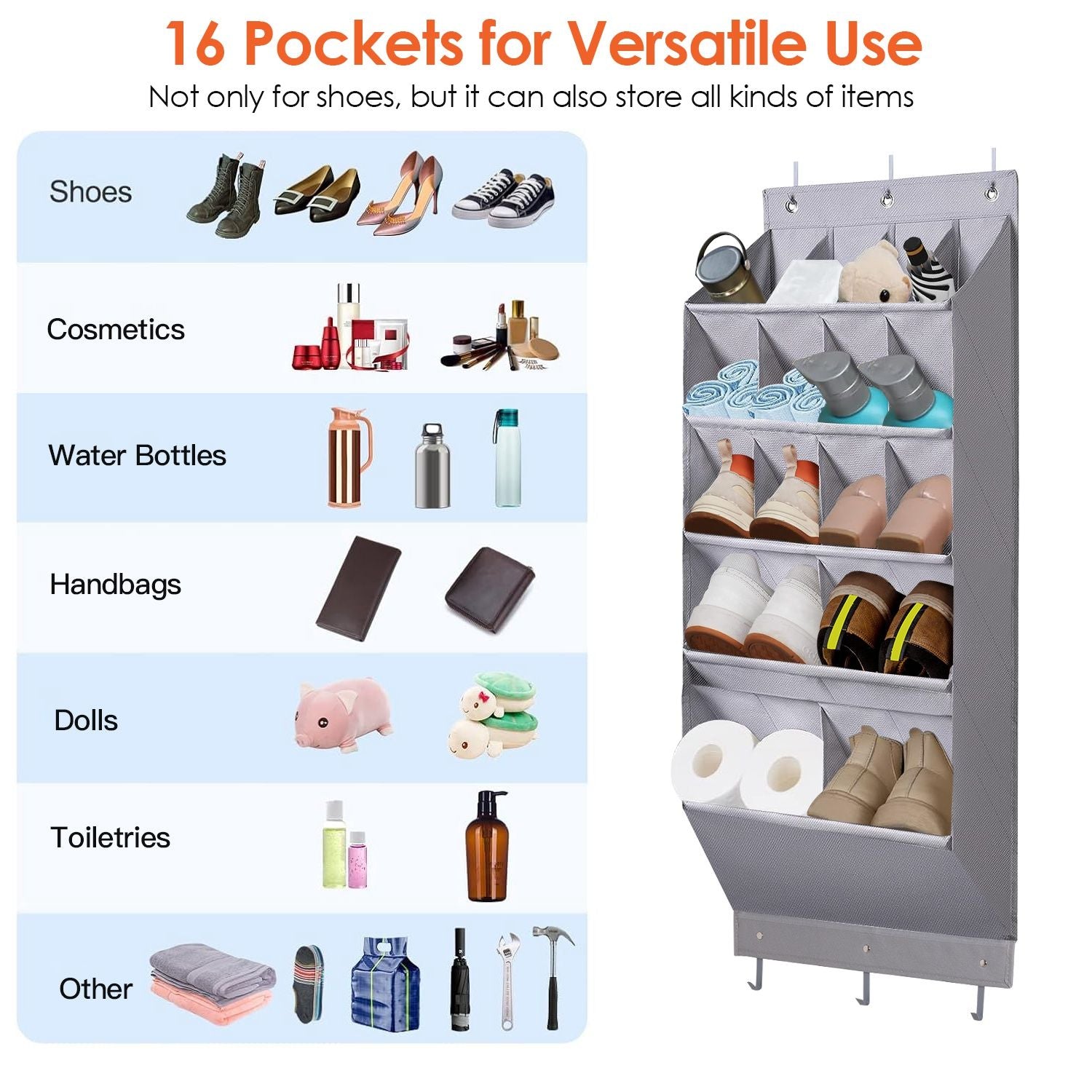 16 Pockets Over The Door Shoe Organizer 5 Tier Shoe Rack for Door with 6 Hooks Behind Door Hanging Storage Shelf for Shoes Toys Towels Bags Bedroom Bathroom