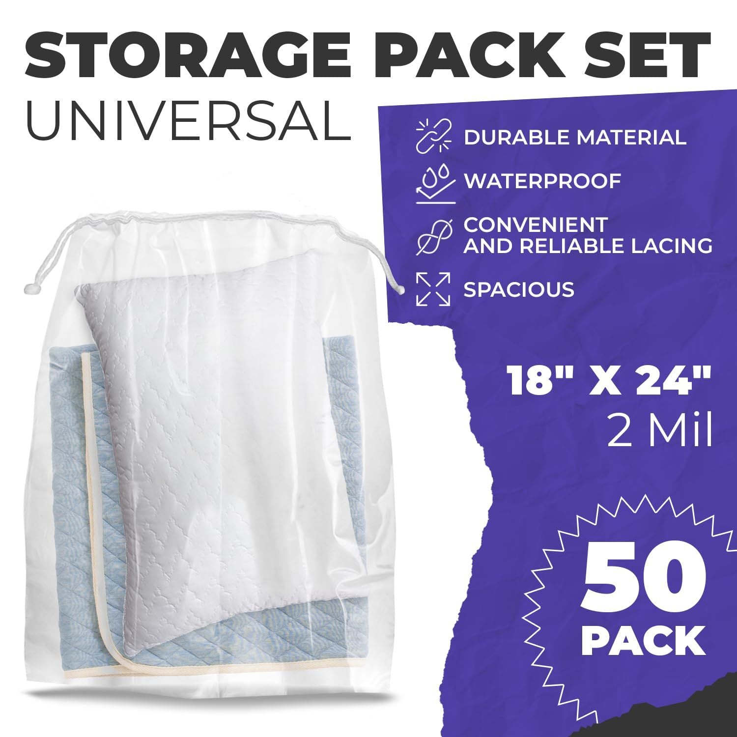Clear Drawstring Bag, 18 x 24 Inches. Pack of 50 Clear Plastic Drawstring Bags. 2 Mil Drawstring Clear Plastic Bags. Waterproof Clear Plastic Bags Drawstring for Cosmetics, Toiletries
