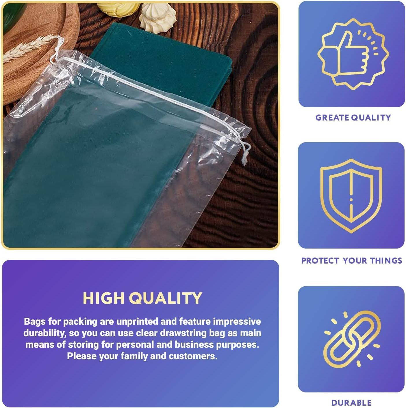 Clear Plastic Drawstring Bags 12" x 16" Pack of 100 Clear Bags for Gifts 2 Mil Polyethylene Drawstring Gift Bags; Water-Resistant Plastic Shoe Bags 12x16 for Travel with Double Cotton Drawstrings