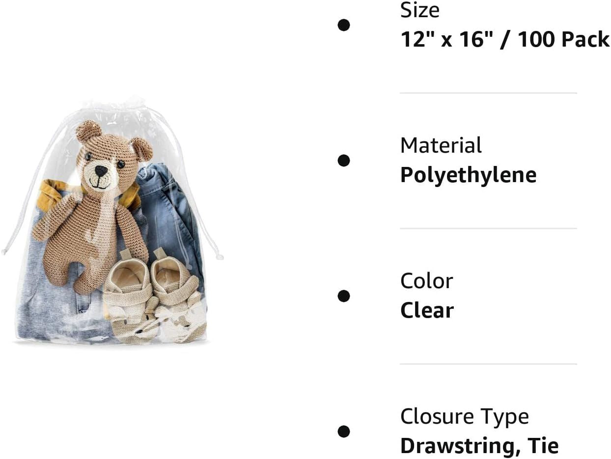 Clear Plastic Drawstring Bags 12" x 16" Pack of 100 Clear Bags for Gifts 2 Mil Polyethylene Drawstring Gift Bags; Water-Resistant Plastic Shoe Bags 12x16 for Travel with Double Cotton Drawstrings