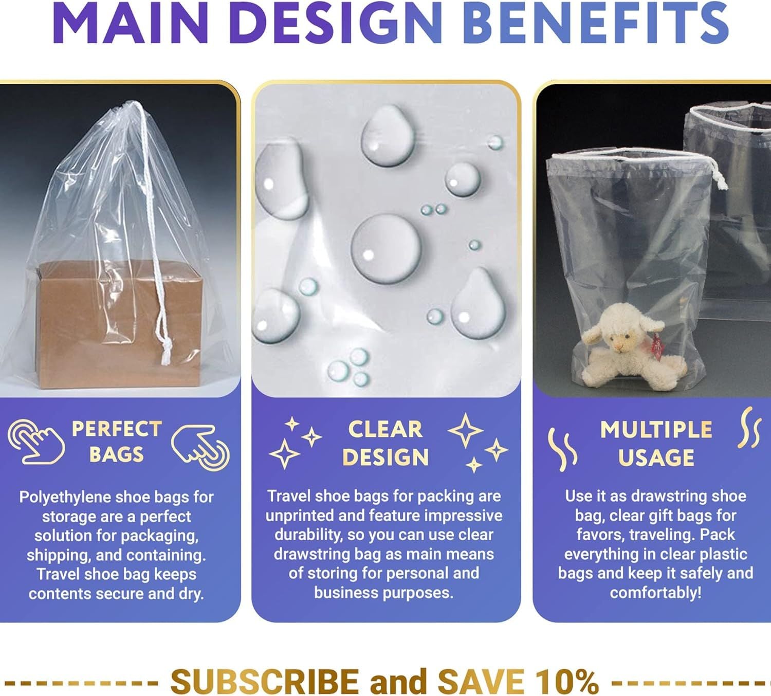 Clear Plastic Drawstring Bags 4" x 6"; Pack of 100 Clear Bags for Gifts 2 Mil Polyethylene Drawstring Gift Bags; Water-Resistant Plastic Shoe Bags 4x6 for Travel with Double Cotton Drawstrings