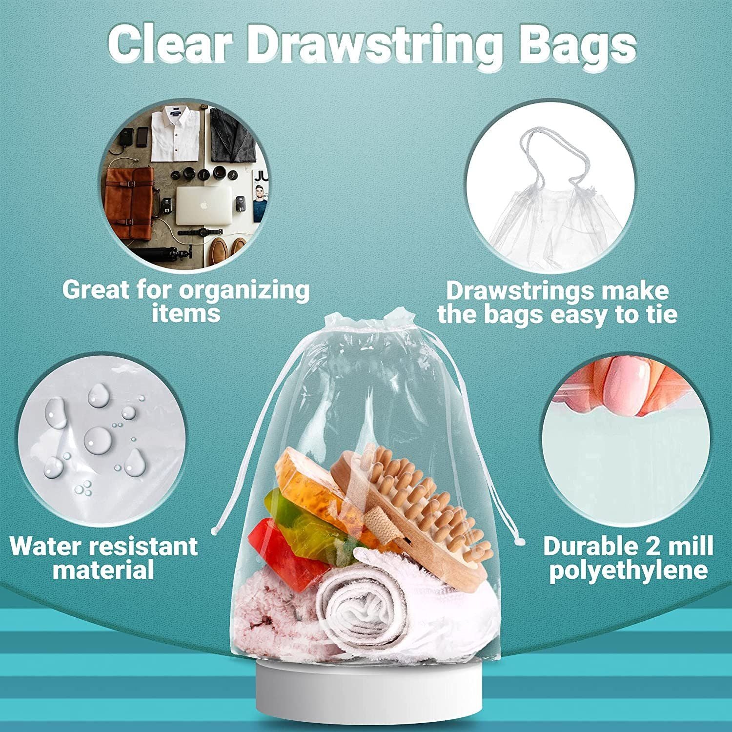 Clear Plastic Drawstring Bags 8" x 10"; Pack of 50 Clear Bags for Gifts 2 Mil Polyethylene Drawstring Gift Bags; Water-Resistant Plastic Shoe Bags 8x10 for Travel with Double Cotton Drawstrings