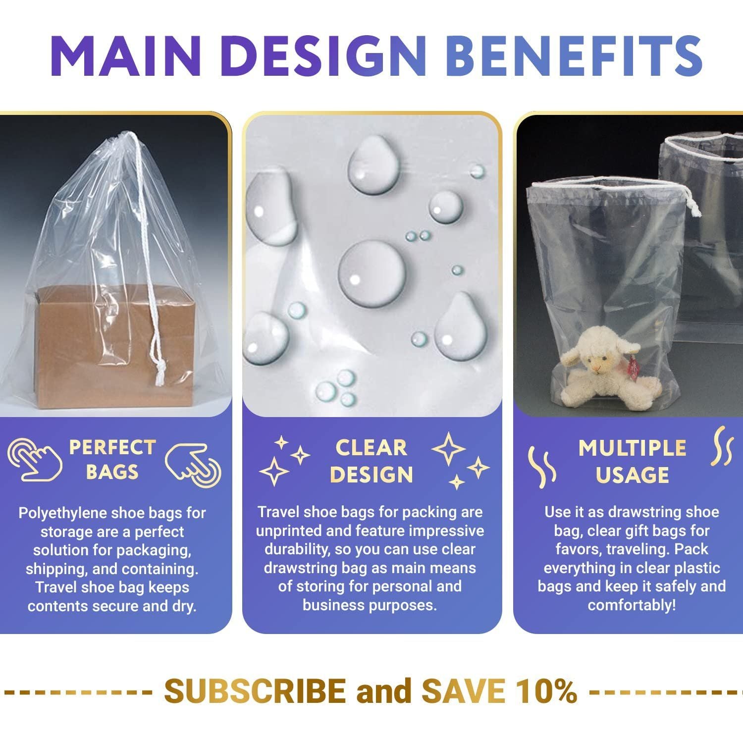 Pack of 100 Clear Plastic Drawstring Bags 6" x 10". Polyethylene 2 Mil Clear Bags for Gifts; Drawstring Gift Bags. Water-Resistant Plastic Shoe Bags 6x10 for Travel with Double Cotton Drawstrings