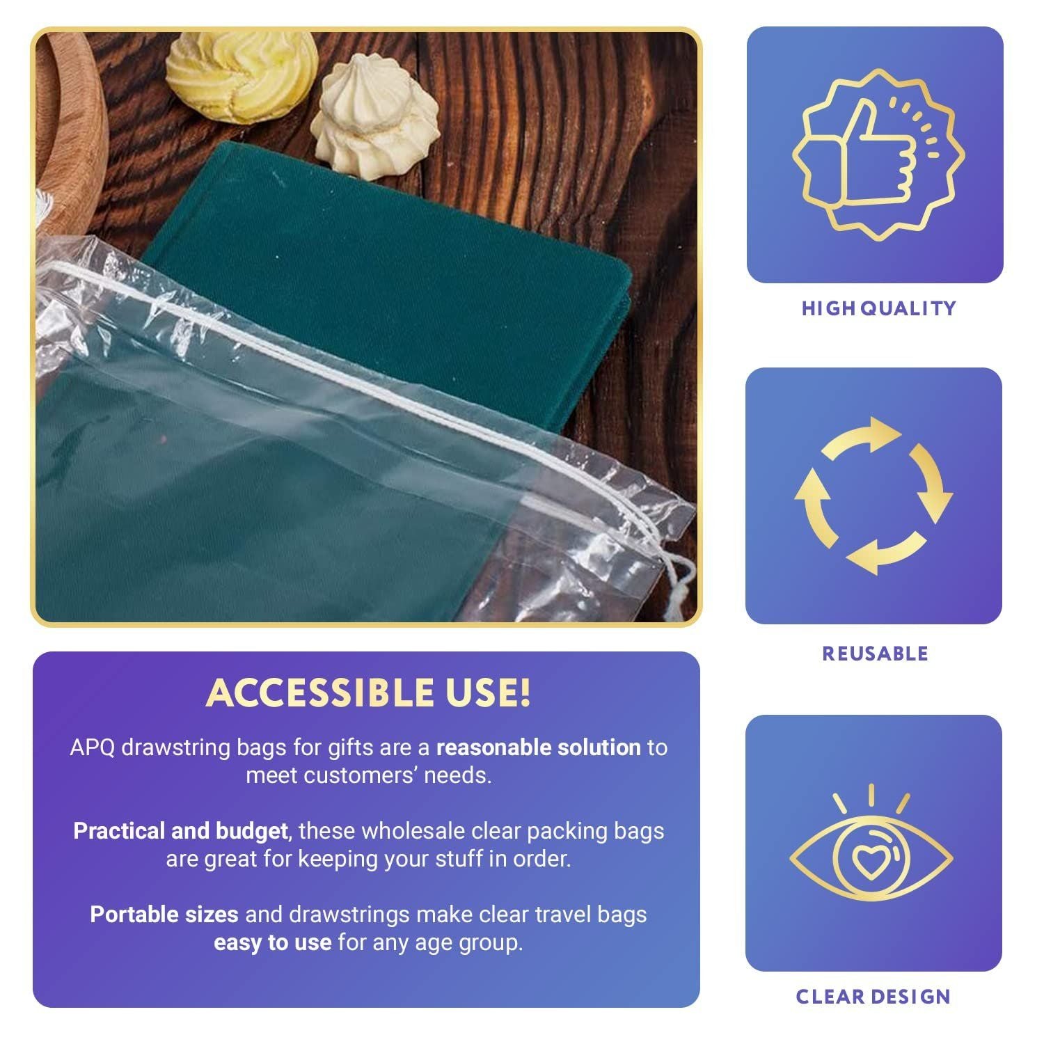 Pack of 100 Clear Plastic Drawstring Bags 6" x 10". Polyethylene 2 Mil Clear Bags for Gifts; Drawstring Gift Bags. Water-Resistant Plastic Shoe Bags 6x10 for Travel with Double Cotton Drawstrings