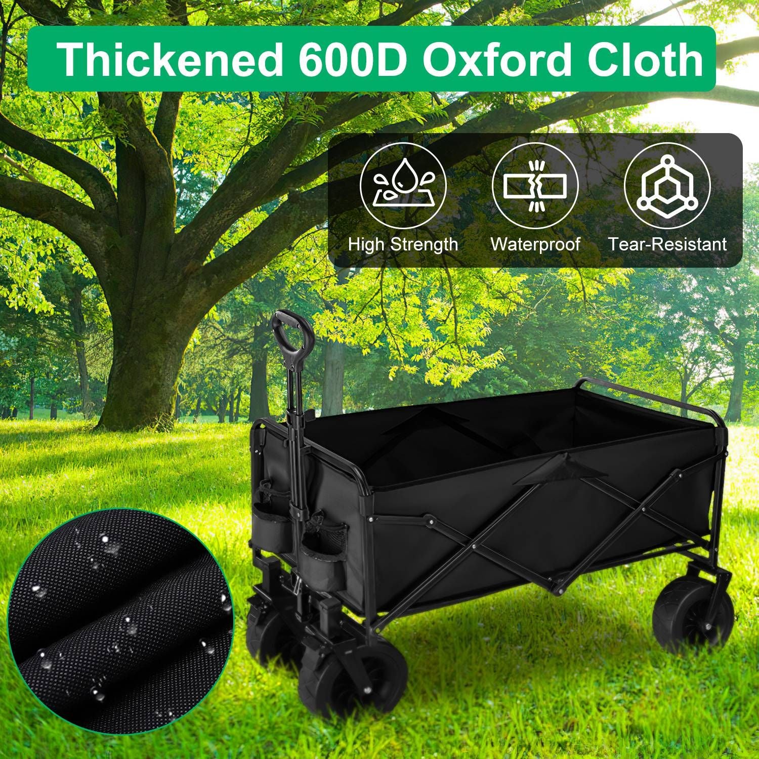 200L Collapsible Folding Wagon Cart With Drink Holders Adjustable Handle 440LBS Load Capacity Foldable Utility Outdoor Wagon With All-Terrain Wheels and Brake For Camping Shopping Garden