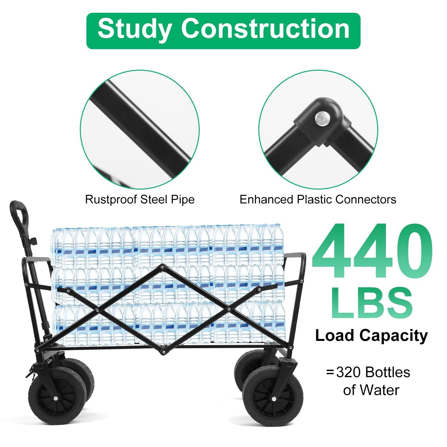 200L Collapsible Folding Wagon Cart With Drink Holders Adjustable Handle 440LBS Load Capacity Foldable Utility Outdoor Wagon With All-Terrain Wheels and Brake For Camping Shopping Garden