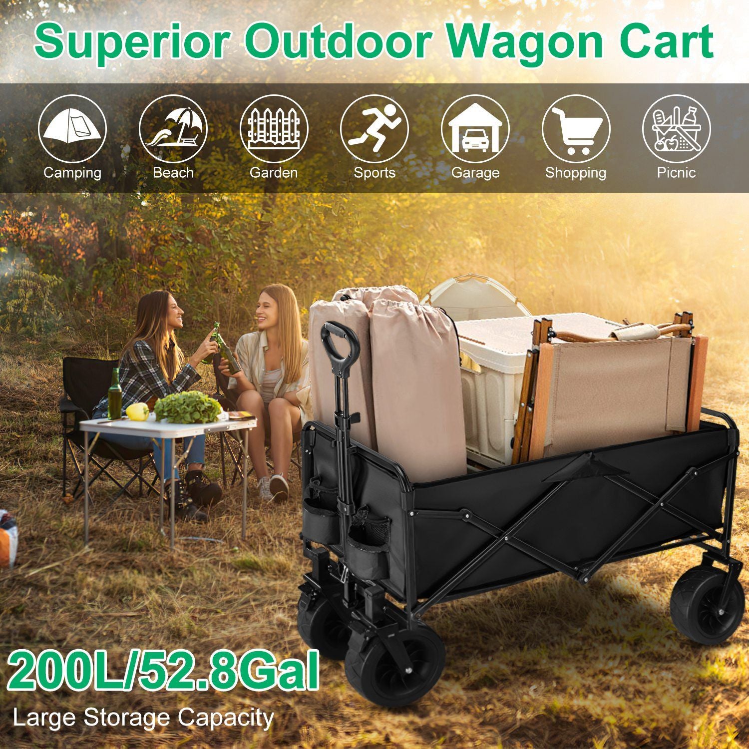 200L Collapsible Folding Wagon Cart With Drink Holders Adjustable Handle 440LBS Load Capacity Foldable Utility Outdoor Wagon With All-Terrain Wheels and Brake For Camping Shopping Garden
