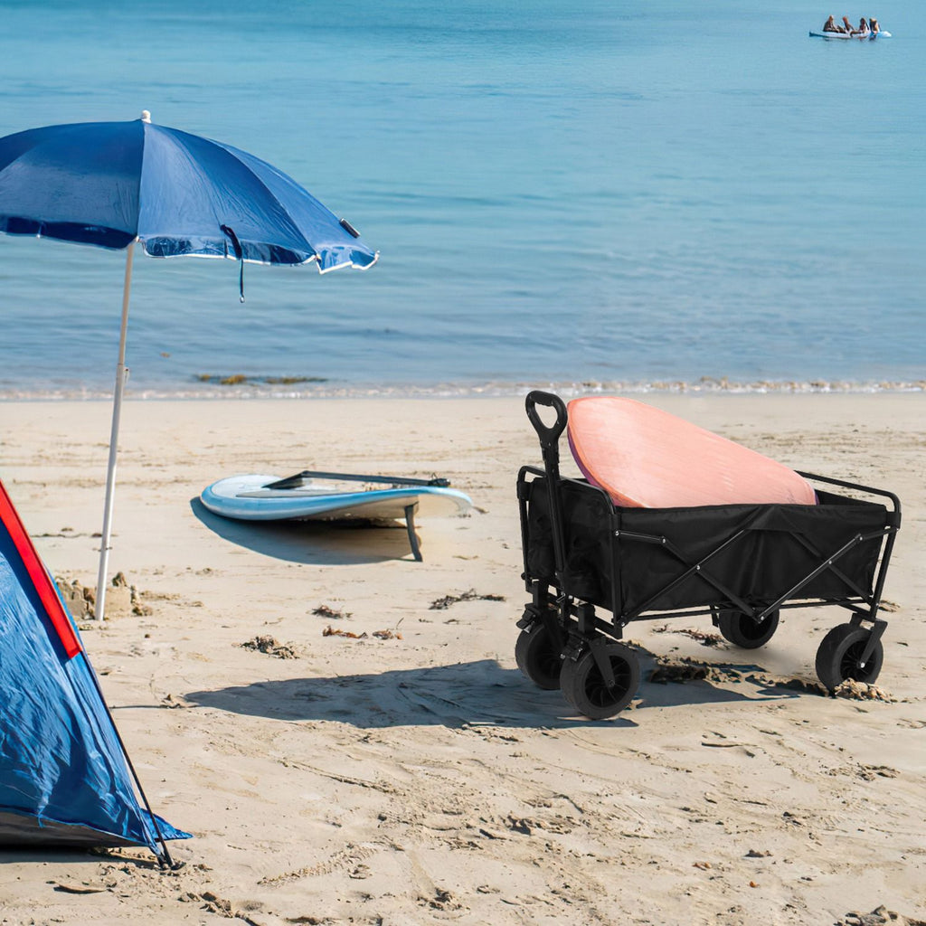 200L Collapsible Folding Wagon Cart With Drink Holders Adjustable Handle 440LBS Load Capacity Foldable Utility Outdoor Wagon With All-Terrain Wheels and Brake For Camping Shopping Garden