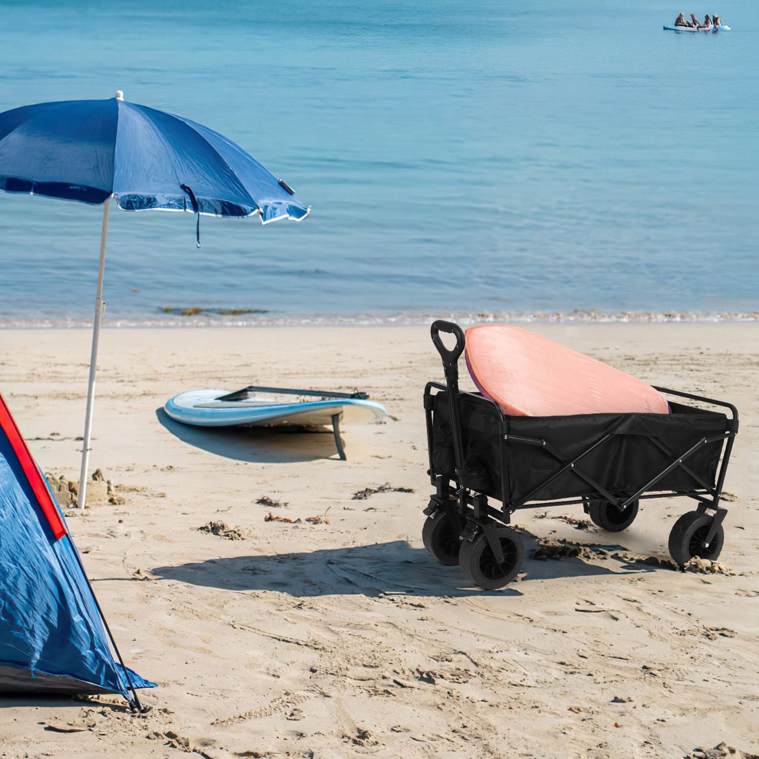 200L Collapsible Folding Wagon Cart With Drink Holders Adjustable Handle 440LBS Load Capacity Foldable Utility Outdoor Wagon With All-Terrain Wheels and Brake For Camping Shopping Garden