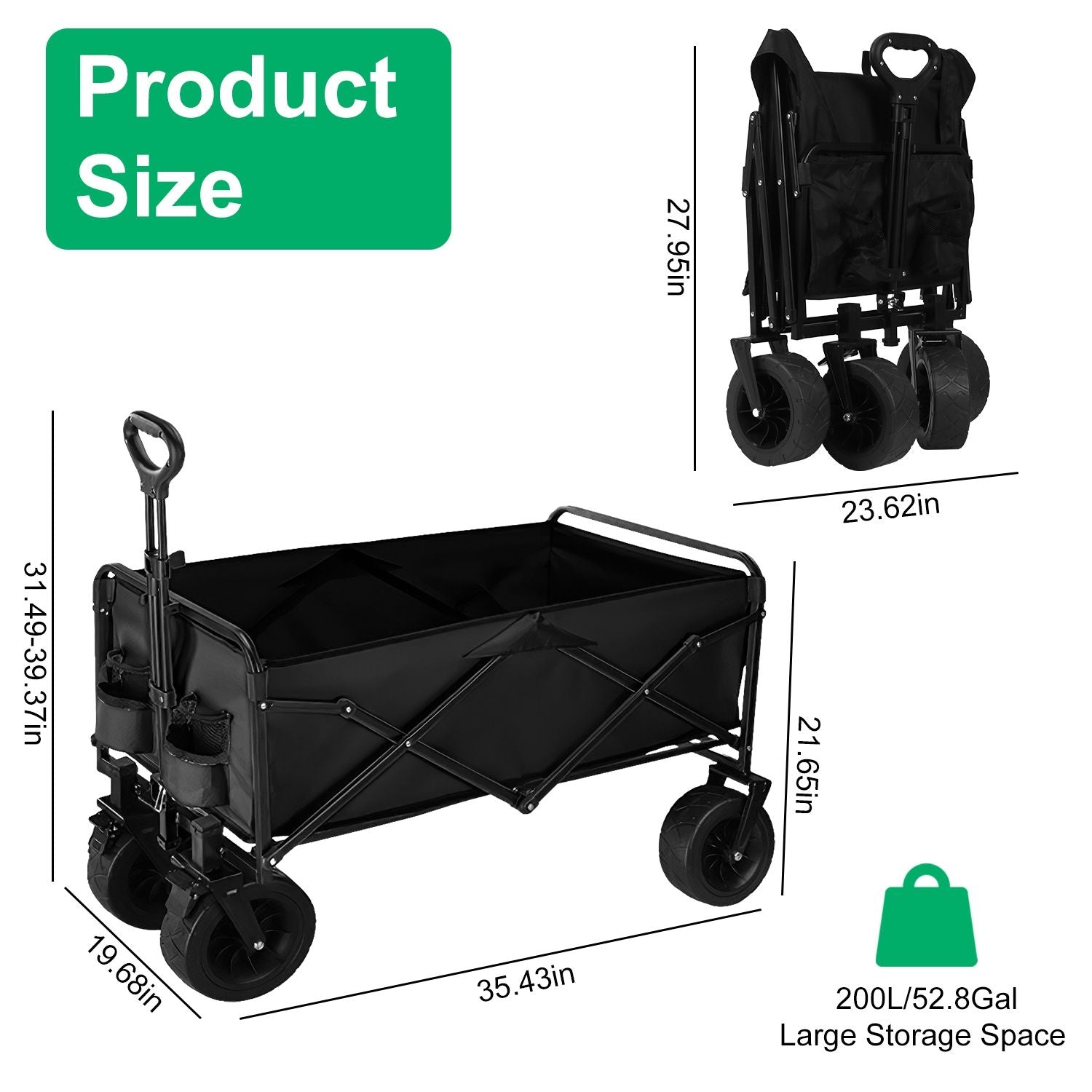 200L Collapsible Folding Wagon Cart With Drink Holders Adjustable Handle 440LBS Load Capacity Foldable Utility Outdoor Wagon With All-Terrain Wheels and Brake For Camping Shopping Garden