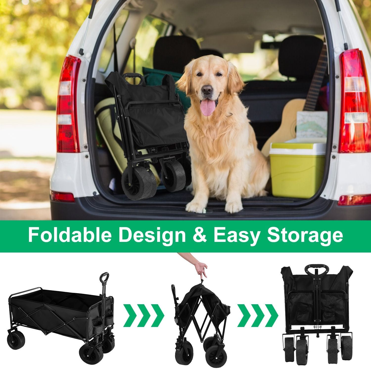 200L Collapsible Folding Wagon Cart With Drink Holders Adjustable Handle 440LBS Load Capacity Foldable Utility Outdoor Wagon With All-Terrain Wheels and Brake For Camping Shopping Garden