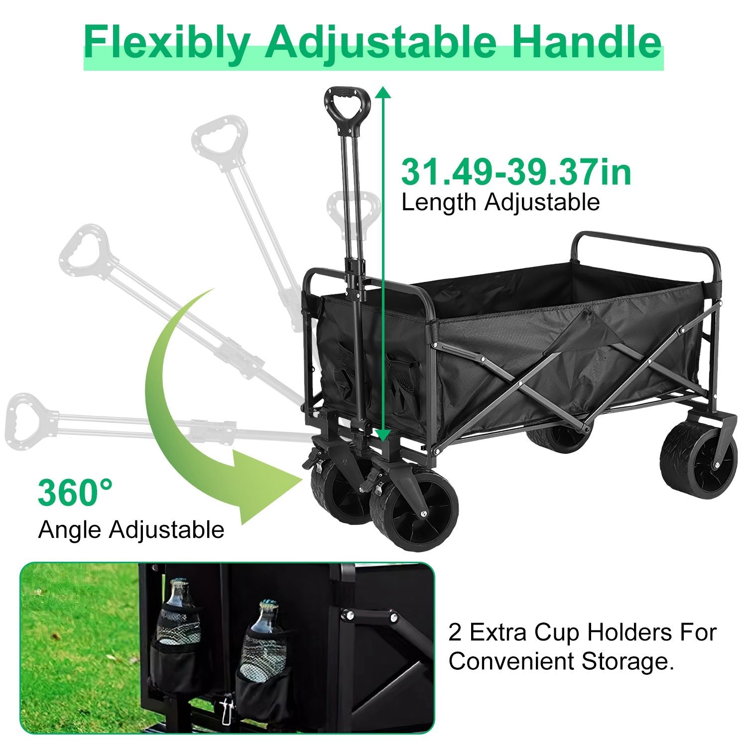 200L Collapsible Folding Wagon Cart With Drink Holders Adjustable Handle 440LBS Load Capacity Foldable Utility Outdoor Wagon With All-Terrain Wheels and Brake For Camping Shopping Garden